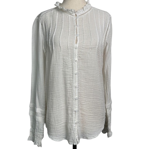 Faherty Organic Cotton‎ Blouse Ruffle Trim Long Sleeve White Size S - Picture 1 of 8
